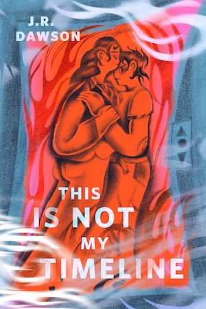 An abstract illustration of a couple embracing amid smoke and flames.