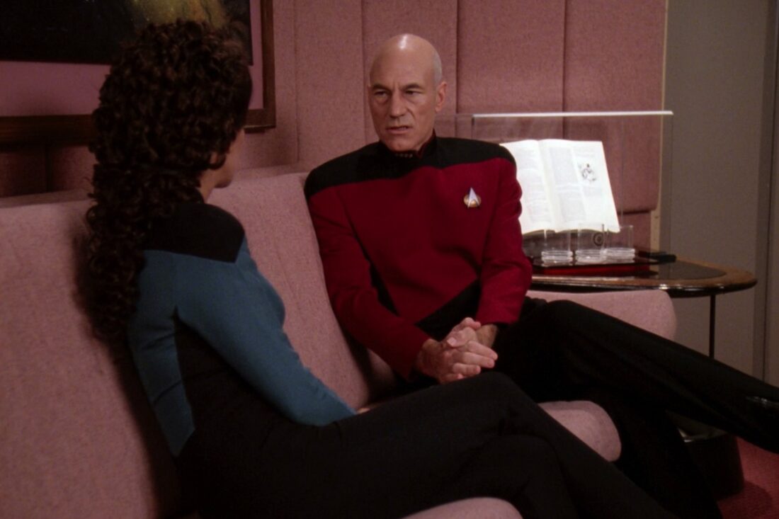Marina Sirtis and Patrick Stewart in Star Trek: The Next Generation episode "Chain of Command"