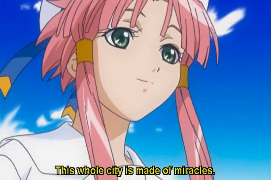 Image from the anime series Aria: Close up on the central character, Akari. The subtitle reads: "This whole city is made of miracles."