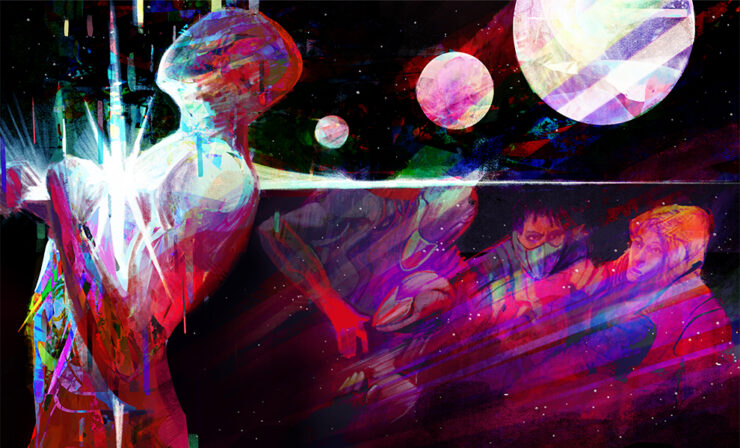 An abstract illustration of a colorful humanoid, chest bursting with light, against a backdrop of space, several planets, and the ghostly forms of four other figures.