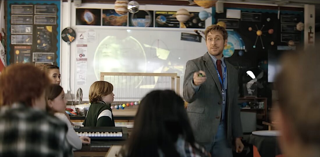Scientist/schoolteacher Ryland Grace (Ryan Gosling) tries to make science class fun in Lord & Miller's Project Hail Mary