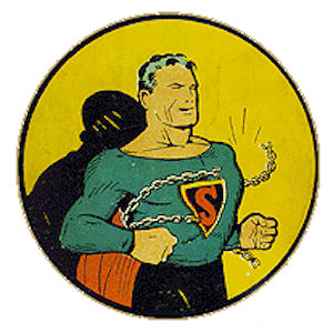 comic logo of Superman c. 1940s, depicting the Man of Steel breaking free from chains