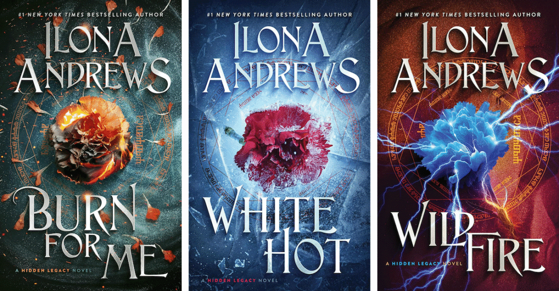 covers of Ilona Andrews' Hidden Legacy series: Burn for Me, White Hot, and Wildfire