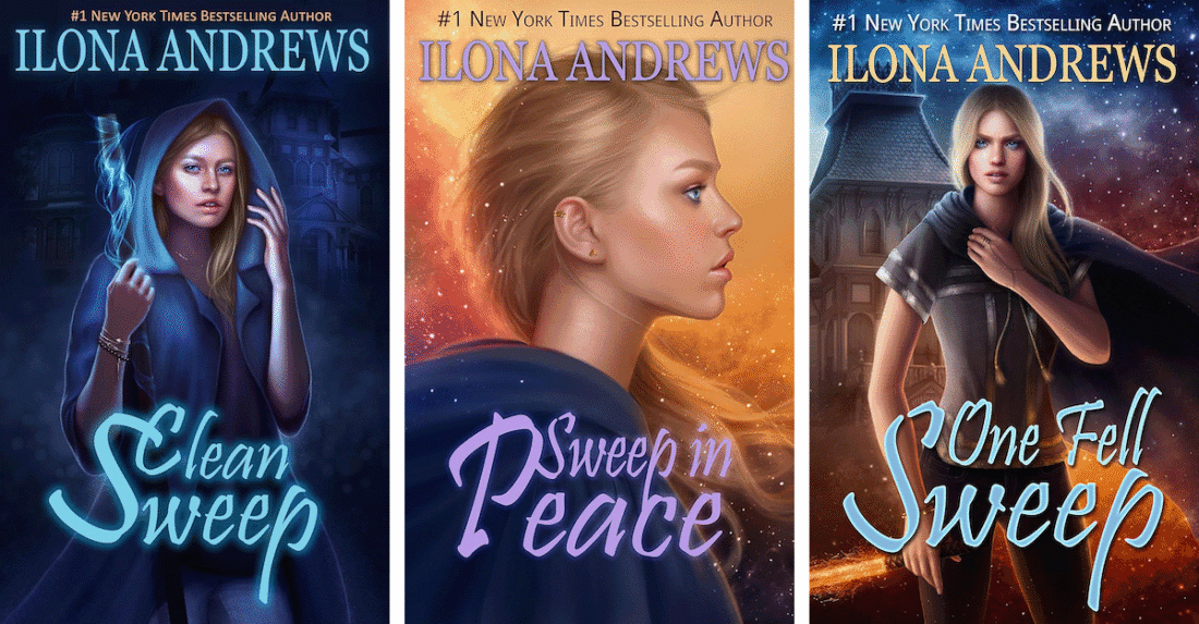 covers of Ilona Andrews' Innkeeper Chronicles: Clean Sweep, Sweep in Peace, and One Fell Sweep