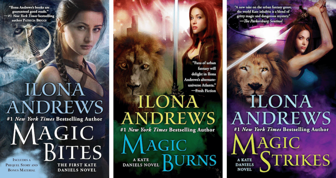 covers of the first three books in Ilona Andrews' Kate Daniels series: Magic Bites, Magic Burns, and Magic Strikes