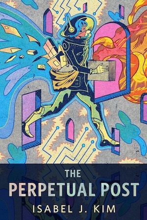 An illustration of a futuristic postal worker carrying a flaming box.