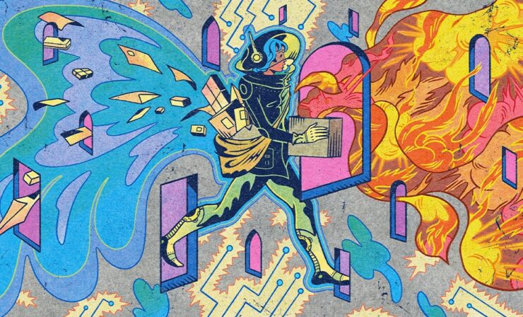An illustration of a futuristic postal worker carrying a flaming box.