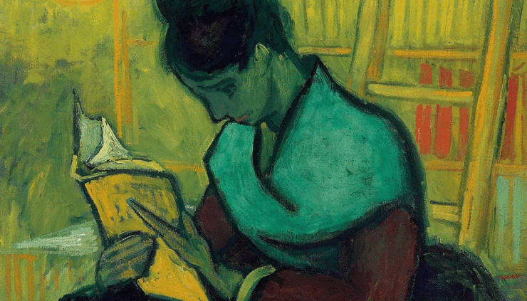 painting of a woman reading in front of a bookshelf with a ladder