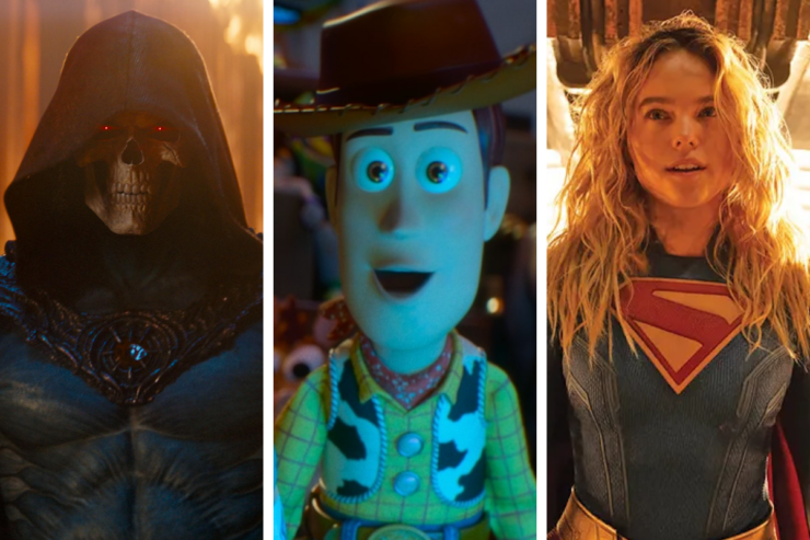 Images from three upcoming genre films: Skeletor in Masters of the Universe; Woody in Toy Story 5; Kara (Milly Alcock) in Supergirl
