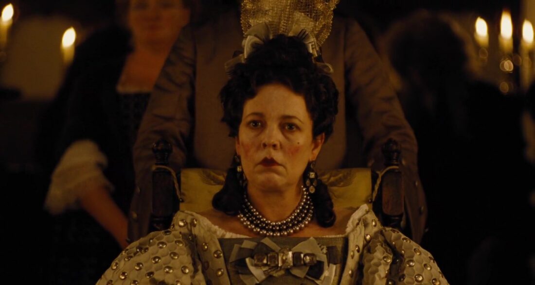 Olivia Colman looking dour as the queen in The Favourite
