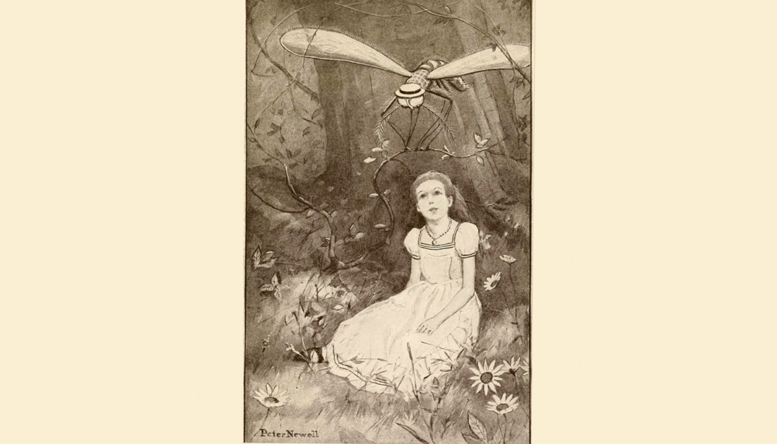 Illustration of Alice and the Gnat from "Through the Looking-Glass and What Alice Found There" (Art by Peter Newell, 1902)