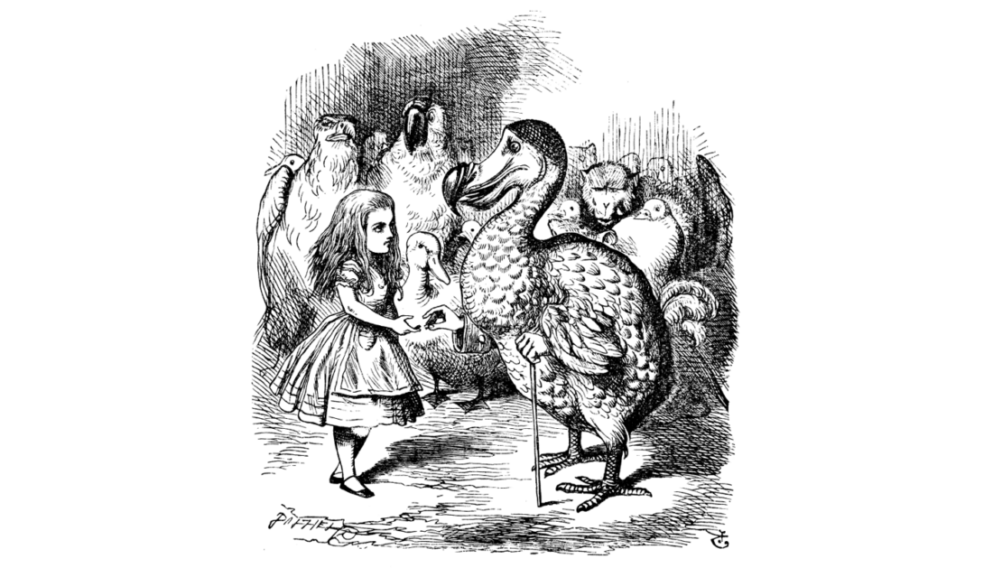 Illustration of Alice and the Dodo from "Alice's Adventures in Wonderland" (art by John Tenniel, 1865)