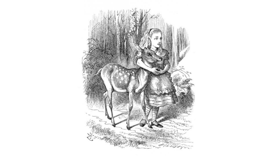 Illustration of Alice and the Fawn from "Through the Looking-Glass and What Alice Found There" (art by John Tenniel, 1871)