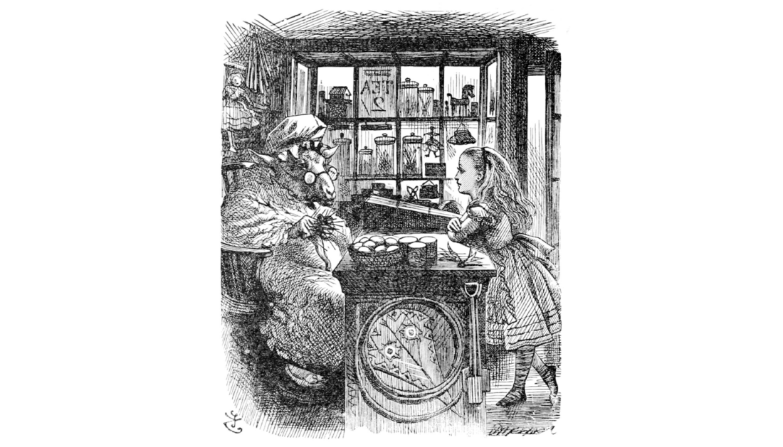 Illustration of Alice and the Knitting Sheep from "Through the Looking-Glass and What Alice Found There" (art by John Tenniel, 1871)