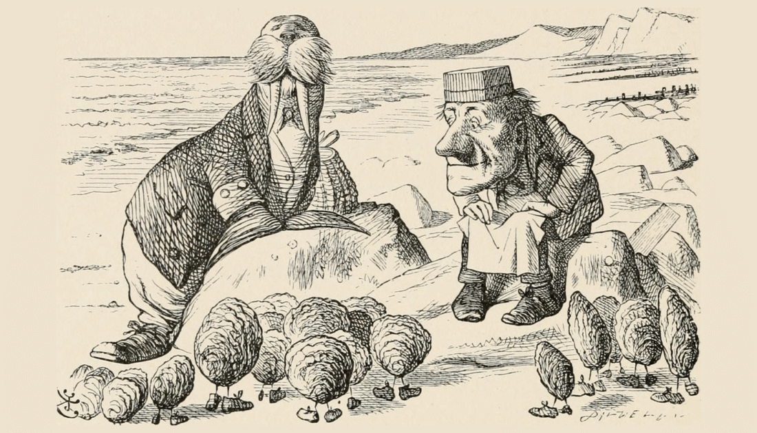 Illustration of the Walrus, the Carpenter, and the Oysters from "Through the Looking-Glass and What Alice Found There" (Art by John Tenniel, 1897)