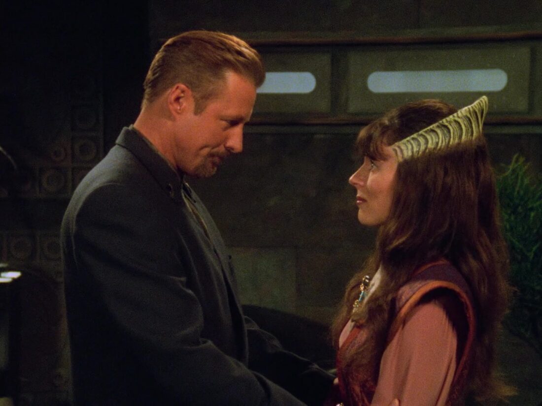 Sheridan and Delenn reconcile in a scene from Babylon 5 "Darkness Ascending"