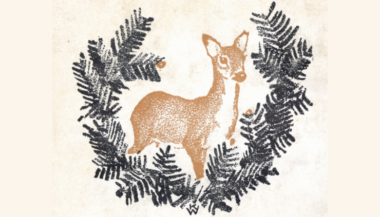 Illustration of a deer in the center of a wreath of evergreen boughs from the back cover of a 1929 edition of Bambi, A Life in the Woods (art by Kurt Wiese)