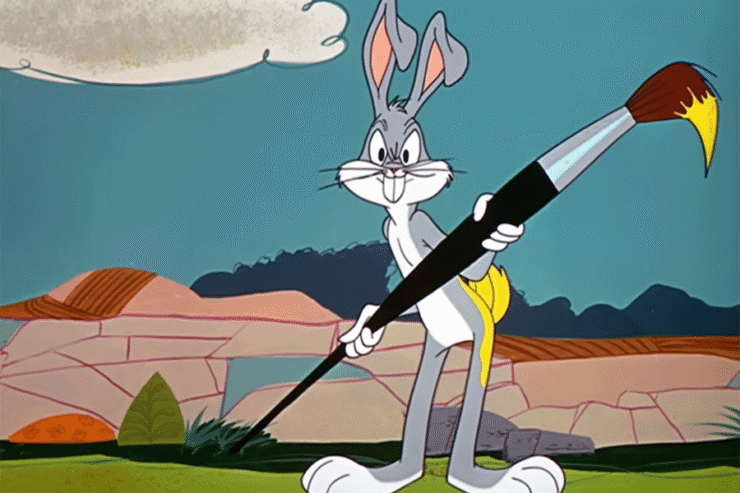Image from Looney Tunes short "Rabbit Rampage" (1955): Bugs Bunny holds a large paintbrush and stares angrily out at the viewer.