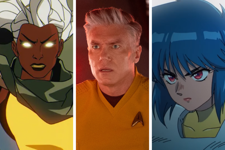 Images from three series premiering in July 2026: Storm in the animated series X-Men '97; Captain Pike (Anson Mount) in Star Trek: Strange New Worlds; Major Motoko in the animated series Ghost in the Shell