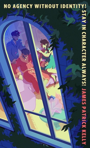 An illustration of a woman and a ghostly figure arguing over a third person as seen through a large window.