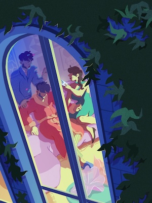 An illustration of a woman and a ghostly figure arguing over a third person as seen through a large window.