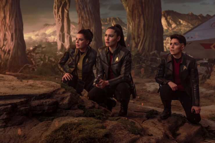 Rebecca Romijn as Una, Christina Chong as La’an Noonien-Singh, and Melissa Navia as Erica Ortegas in season 4, episode 1, of Star Trek: Strange New Worlds