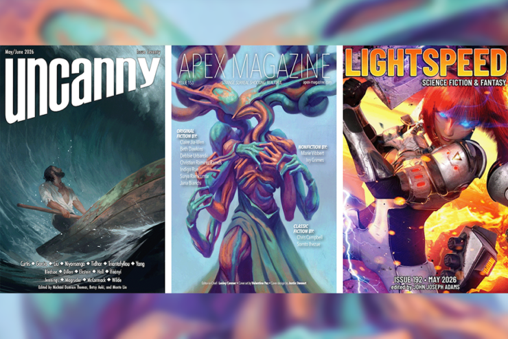 covers of three short fiction magazines: Uncanny May/June 2026, Apex issue 153, and Lightspeed issue 192