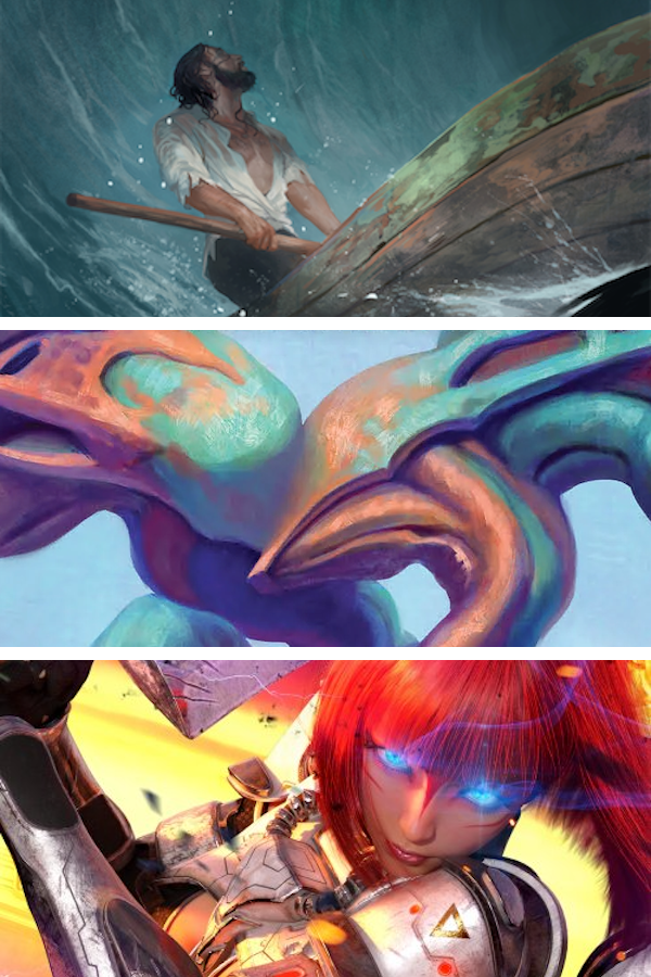 detail from the covers of three short fiction magazines: Uncanny May/June 2026, Apex issue 153, and Lightspeed issue 192