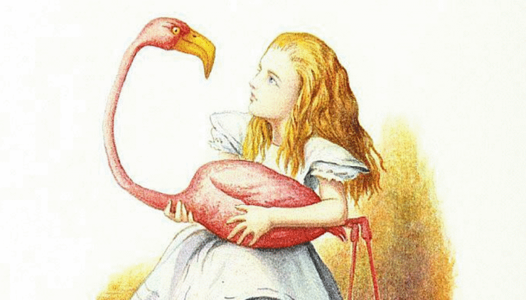 Illustration of Alice holding a flamingo from "Alice's Adventures in Wonderland" (art by John Tenniel, 1865, colorized c.1890)