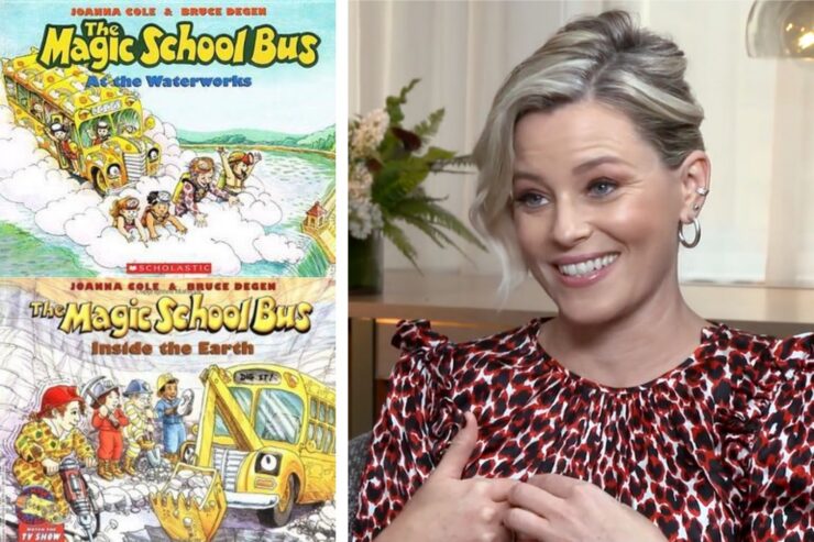 Covers of The Magic School Bus #1 and #2 next to image of Elizabeth Banks smiling during an interview
