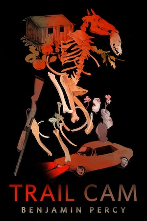 An illustrated collage featuring animal bones, a cabin, a rifle, and an old car.