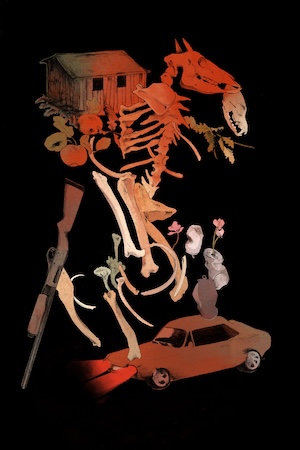 An illustrated collage featuring animal bones, a cabin, a rifle, and an old car.