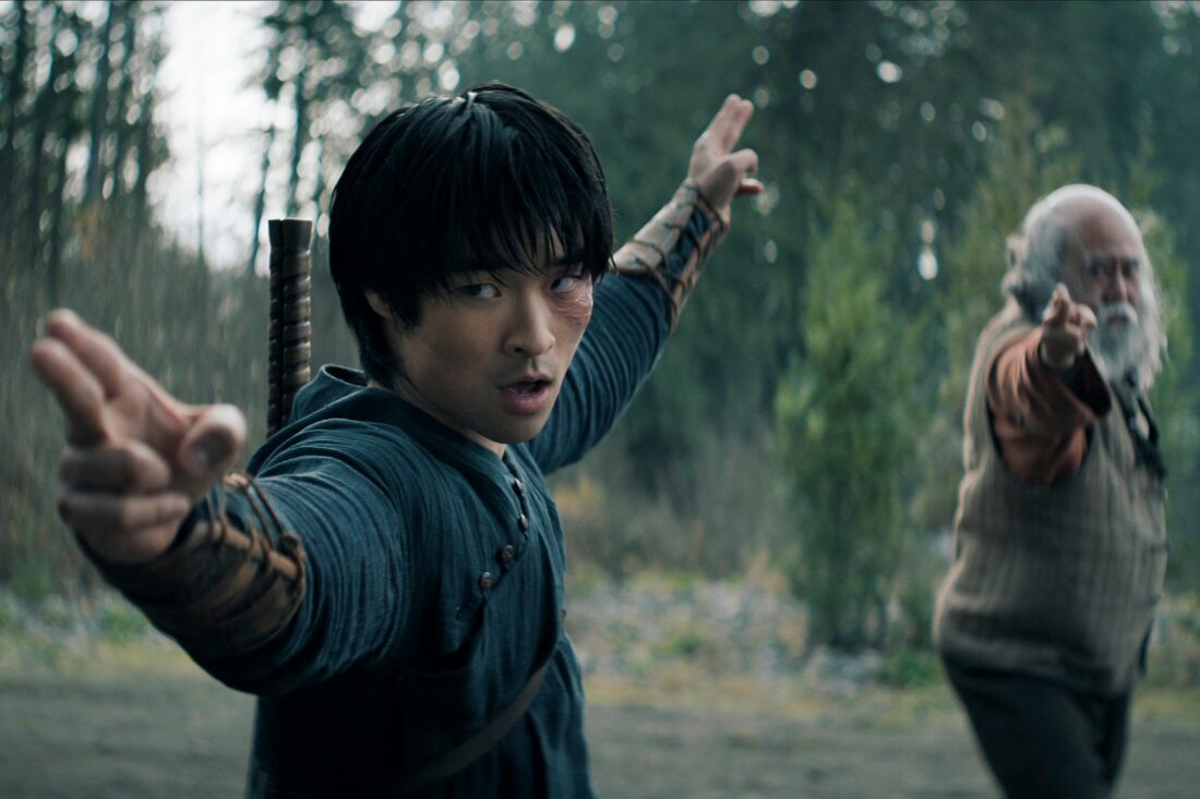 Avatar: The Last Airbender. (L to R) Dallas Liu as Zuko, Paul Sun-Hyung Lee as Iroh, both working on the lightning deflection lesson in season 2 of Avatar: The Last Airbender