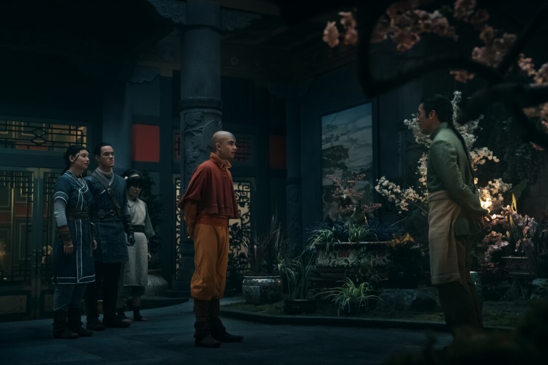Avatar: The Last Airbender. (L to R) Kiawentiio Tarbell as Katara, Ian Ousley as Sokka, Miyako as Toph, Gordon Cormier as Aang, Justin Chien as King Kuei, Aang trying to talk to the king while his friend stand behind him in season 2 of Avatar: The Last Airbender