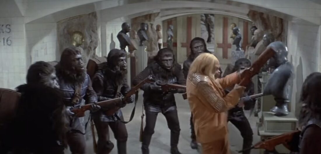 Apes bashing up evidence of human culture in Beneath the Planet of the Apes