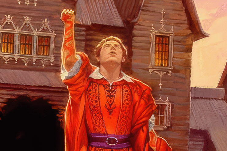 Rand al'Thor stands with his arm raised on the cover of The Gathering Storm; art by Darrell K Sweet