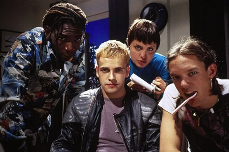 Laurence Mason, Jonny Lee Miller, Angelina Jolie, and Matthew Lillard in Hackers (1995)