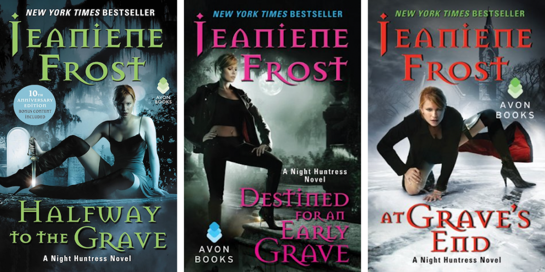 covers of Halfway to the Grave, Destined for an Early Grave, and At Grave's End, the first three books of Jeaniene Frost's Night Huntress series
