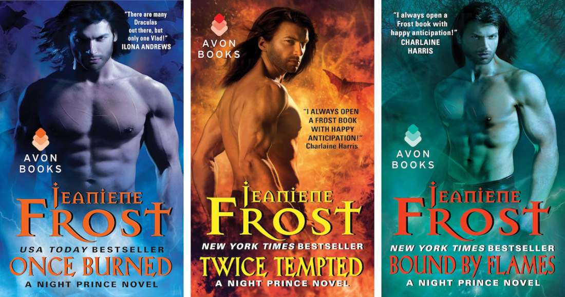 covers of Once Burned, Twice Tempted, and Bound by Flames, the first three books in Jeaniene Frost's Night Prince series