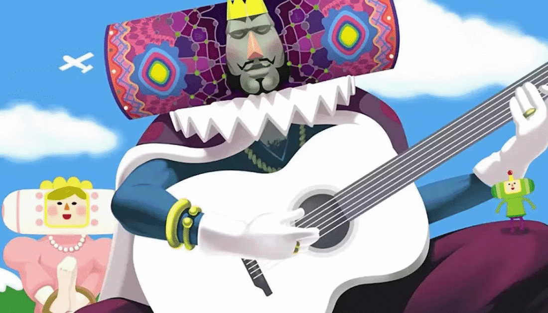Screenshot from the video game Katamari Damacy: The King of All Cosmos plays guitar while the Prince stands on his knee