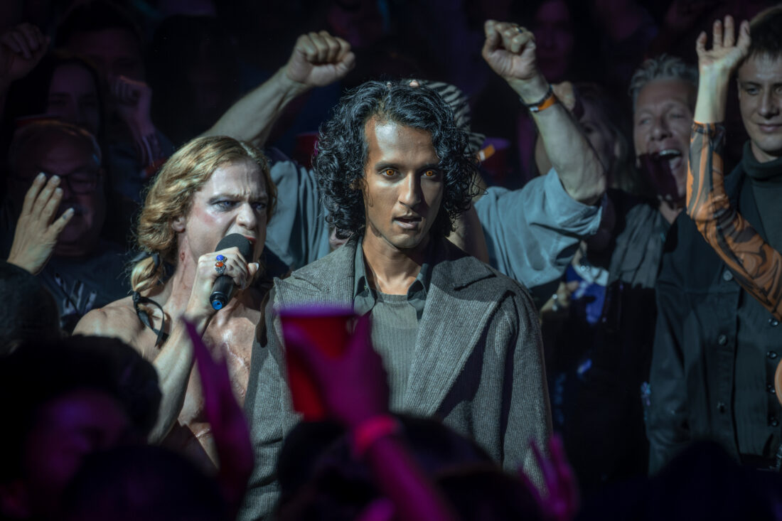 Sam Reid as Lestat De Lioncourt and Assad Zaman as Armand while Lestat sing a song about Armand and he looks livid - Anne Rice's The Vampire Lestat _ Episode 04
