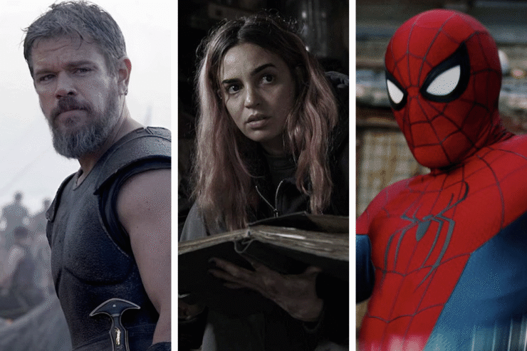Images from three July 2026 movies: Matt Damon in The Odyssey; Souheila Yacoub in Evil Dead Burn; Tom Holland in Spider-Man Brand New Day