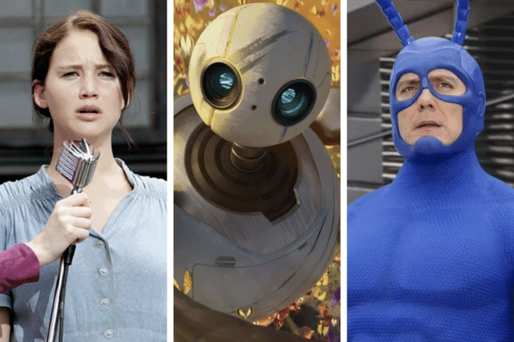 Images from three genre properties available on streaming services in July 2026: Jennifer Lawrence in The Hunger Games; "Roz" in the animated film The Wild Robot; Peter Serafinowicz in The Tick (2016)