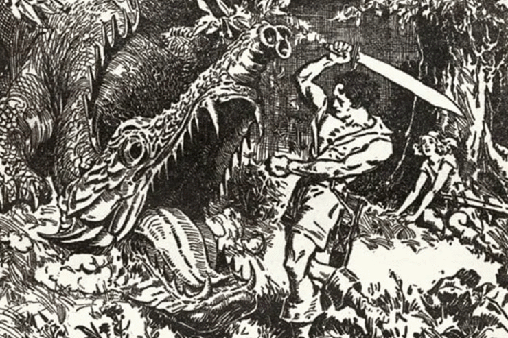 Illustration of a scene in Robert E. Howard's "Red Nails", published in Weird Tales (July 1936); Illustration by H. S. De Lay