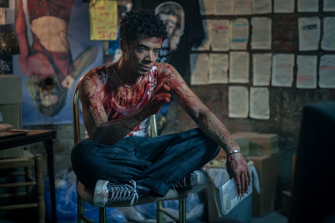 Jacob Anderson as Louis De Pointe Du Lac talking to Bruce, covered in blood - Anne Rice's The Vampire Lestat, Episode 03