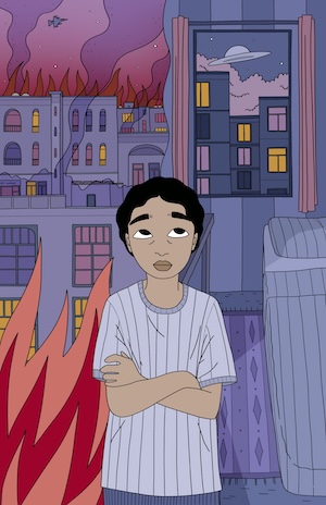 Illustration of a young boy, arms crossed and eyes rolled at the fighter jets and flying saucers in combat overhead while the city around him burns.