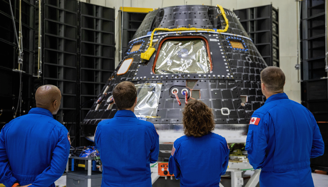 Artemis II crew members check out their Orion crew module on Aug. 8, 2023. From left are: Victor Glover, pilot; Reid Wiseman, commander; Christina Hammock Koch, mission specialist; and Jeremy Hansen, mission specialist.