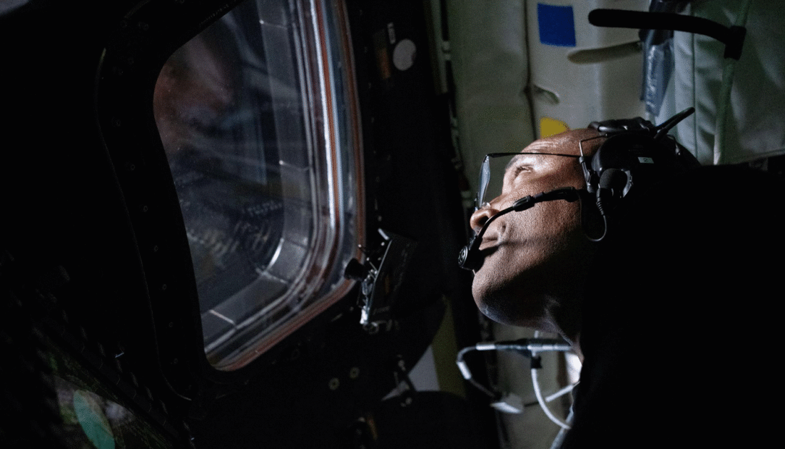NASA astronaut and Artemis II Pilot Victor Glover pictured here in the Orion spacecraft during the Artemis II lunar flyby.
