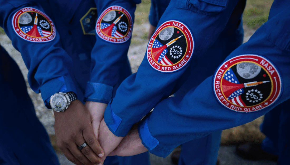 NASA astronauts Victor Glover, Artemis II pilot, left, Christina Koch, Artemis II mission specialist, Reid Wiseman, Artemis II commander, and CSA (Canadian Space Agency) astronaut Jeremy Hansen, Artemis II mission specialist, pose for a picture showing the Commemorative Patch on their flight suits, Saturday, Jan. 17, 2026, at NASA’s Kennedy Space Center in Florida.