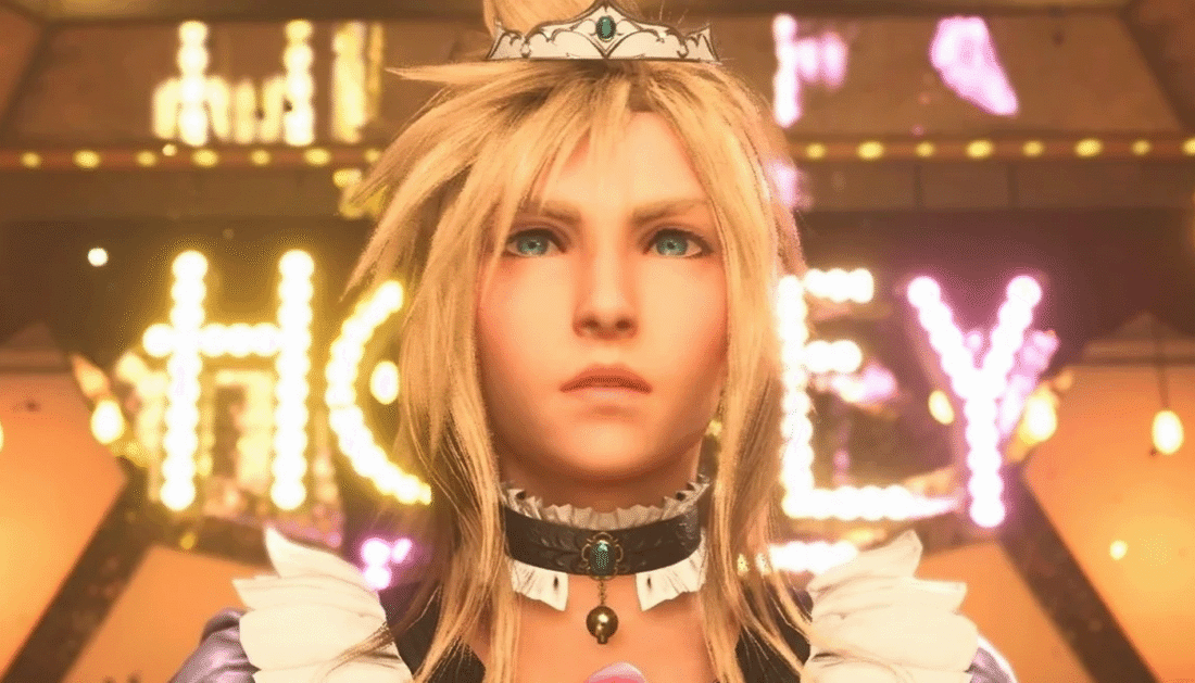 Screenshot from Final Fantasy VII Remake: Cloud wears a dress, tiara, and choker, in order to infiltrate Don Corneo's lair